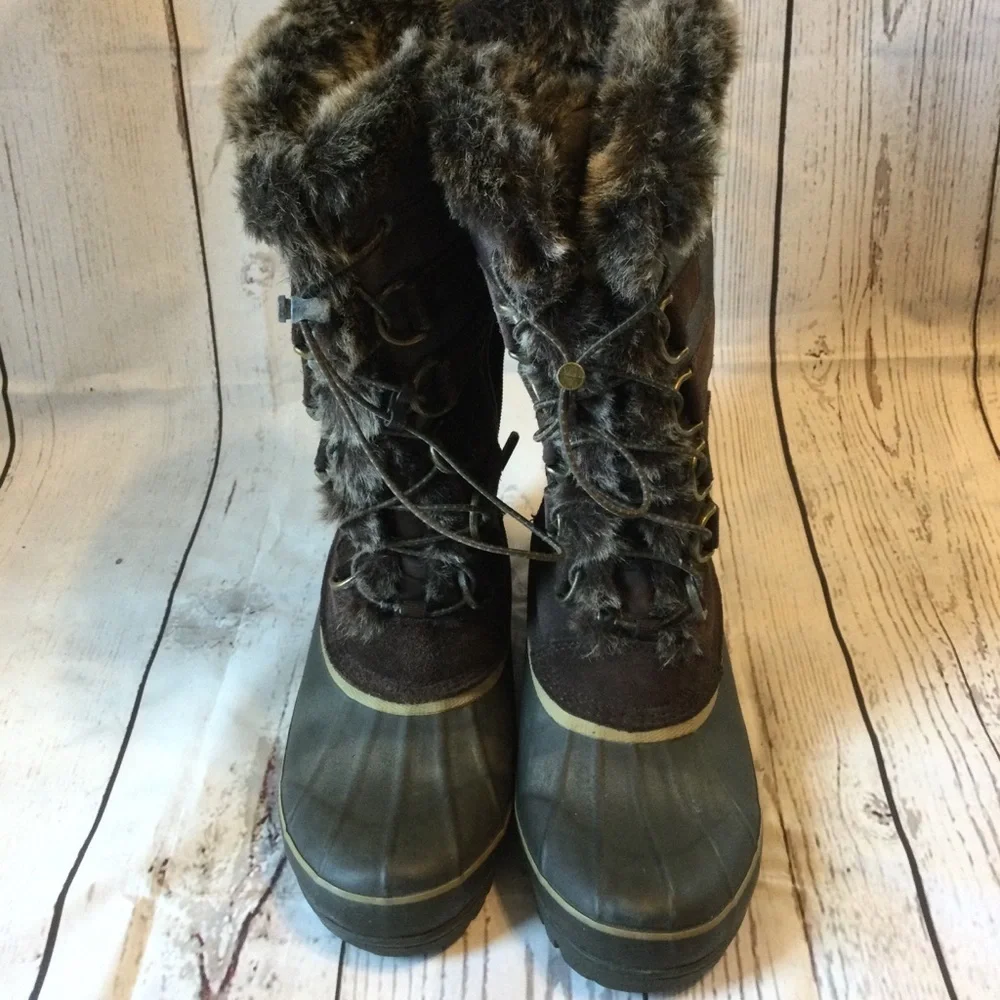 Lands End Women's Warm Brown Fabric & Suede Fur-Lined Winter Boots Zip Size 8.5